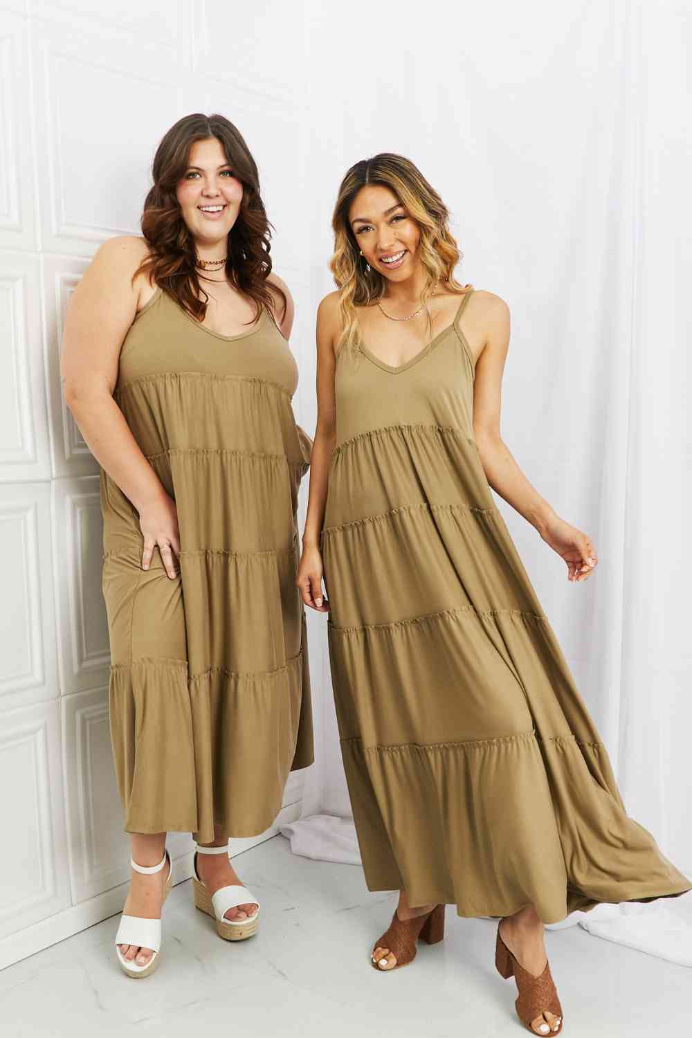 Zenana Full Size Spaghetti Strap Tiered Dress with Pockets in Khaki (S)