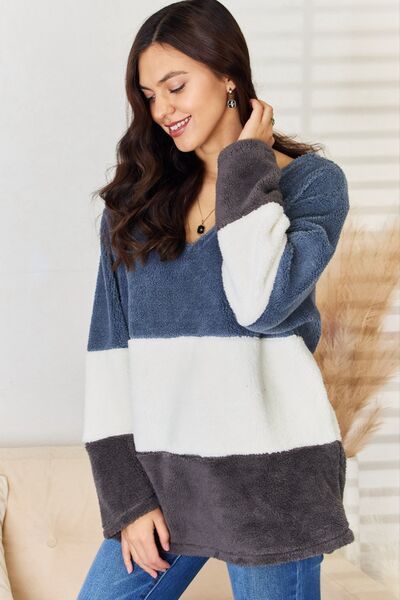 Culture Code Faux Fur Color Block V-Neck Sweater (S, M or L)