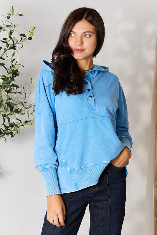 Zenana Half Snap Long Sleeve Hoodie with Pockets (S or M)