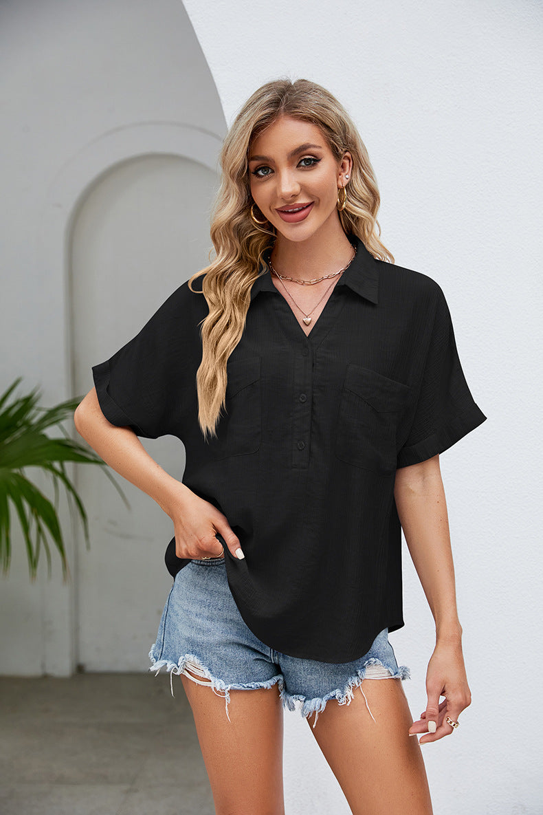 Half Button Johnny Collar Blouse (Color Options)