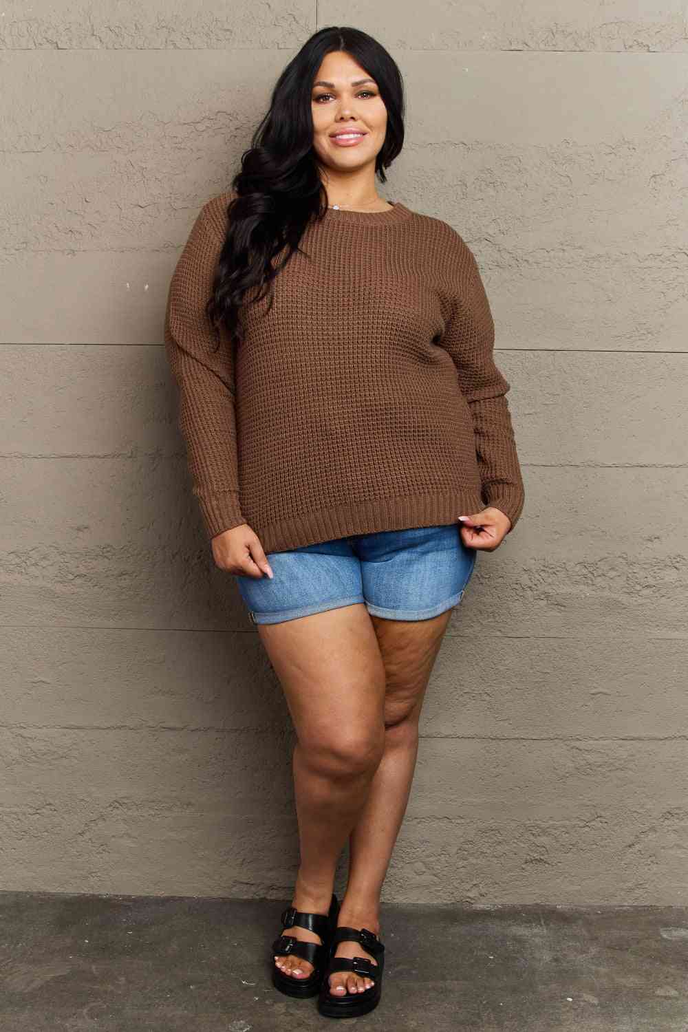 Zenana Breezy Days Plus Size High Low Waffle Knit Sweater (1x or 2x)