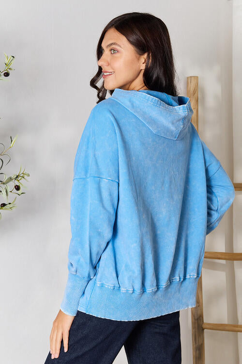 Zenana Half Snap Long Sleeve Hoodie with Pockets (S or M)