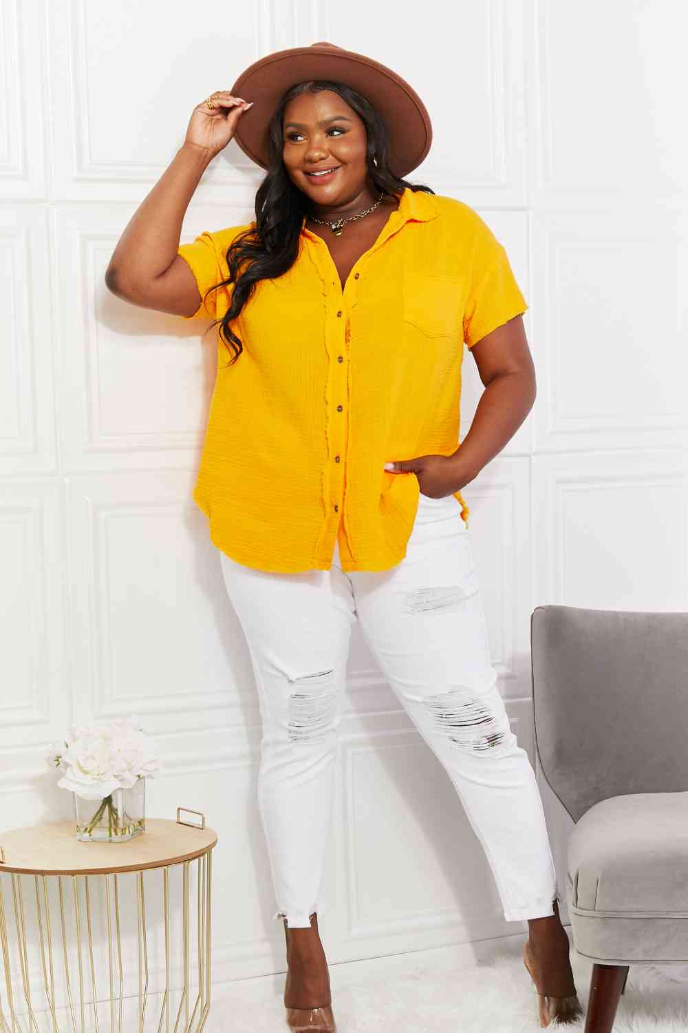 Zenana Full Size Summer Breeze Gauze Short Sleeve Shirt in Mustard (S, 1X or 3X)