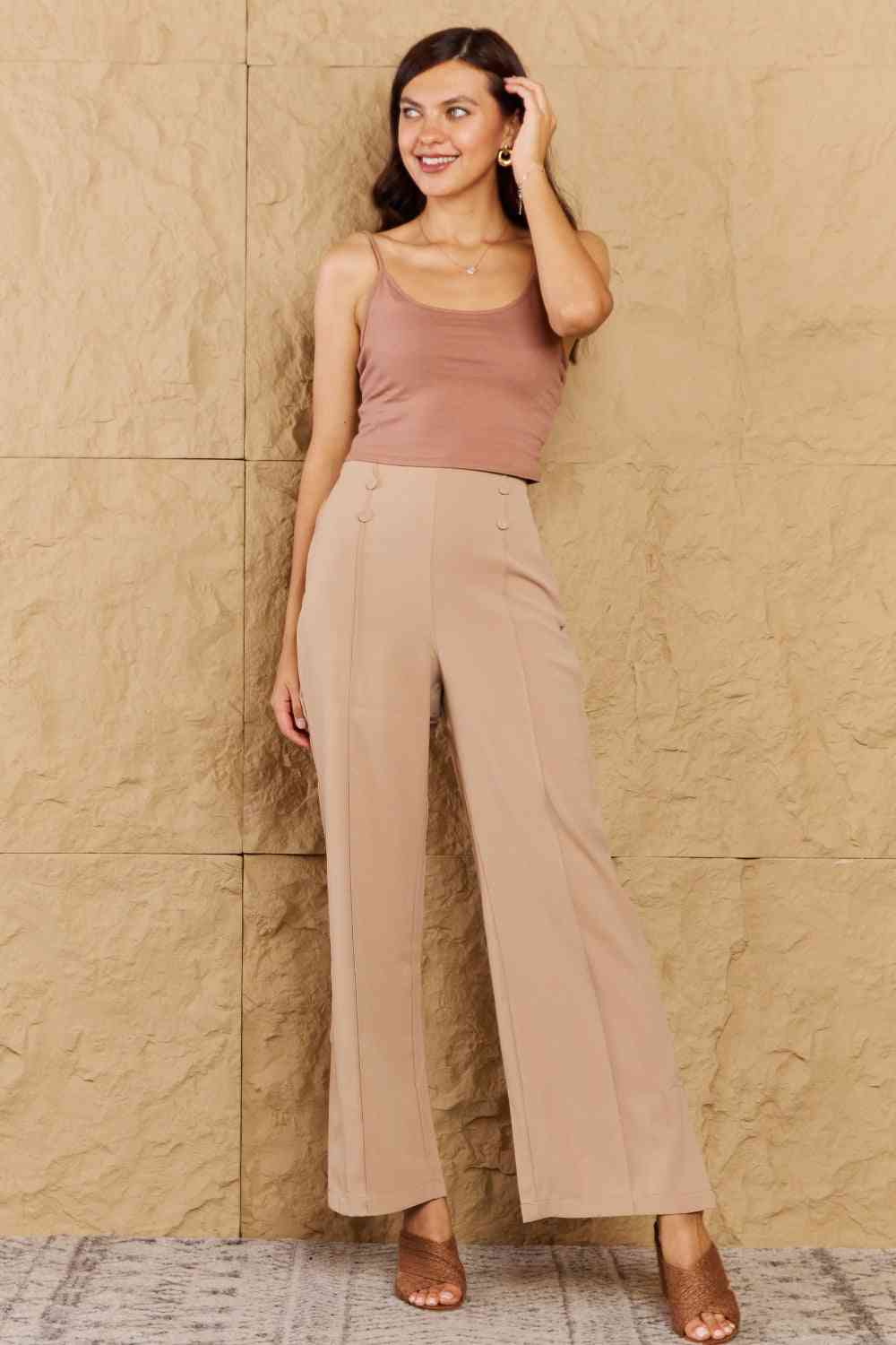 HYFVE Pretty Pleased High Waist Pintuck Straight Leg Pants in Camel (S or M)