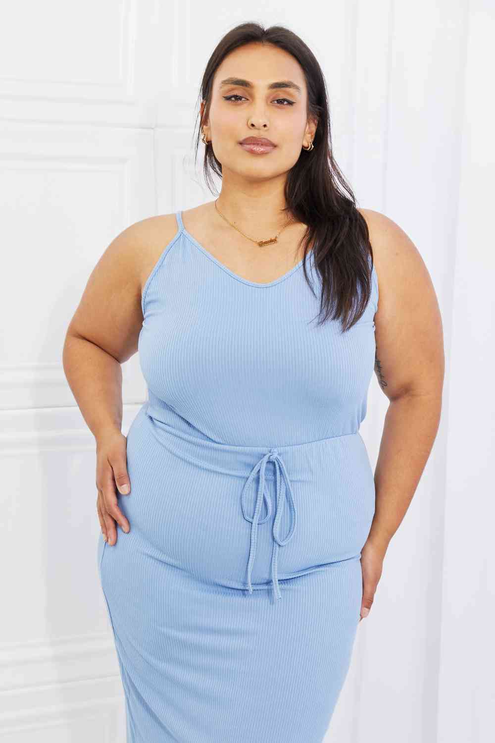 Capella Flatter Me Full Size Ribbed Front Tie Midi Dress in Pastel Blue (M, L, 1X, 2X or 3X)