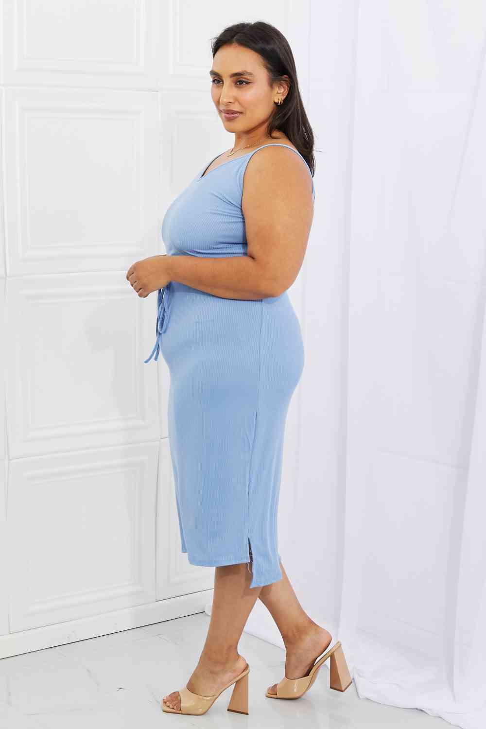 Capella Flatter Me Full Size Ribbed Front Tie Midi Dress in Pastel Blue (M, L, 1X, 2X or 3X)