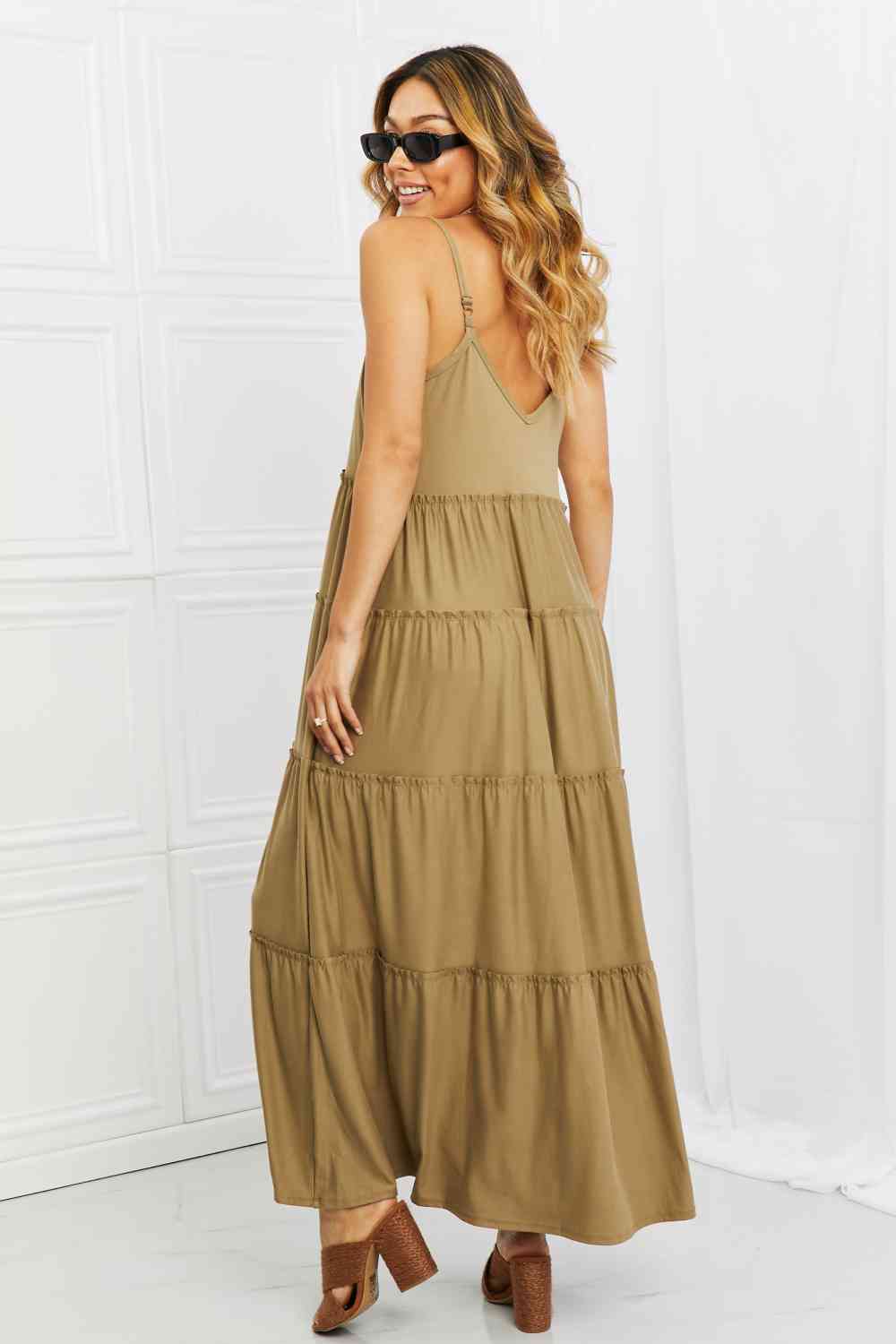 Zenana Full Size Spaghetti Strap Tiered Dress with Pockets in Khaki (S)