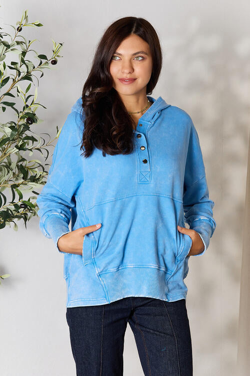 Zenana Half Snap Long Sleeve Hoodie with Pockets (S or M)