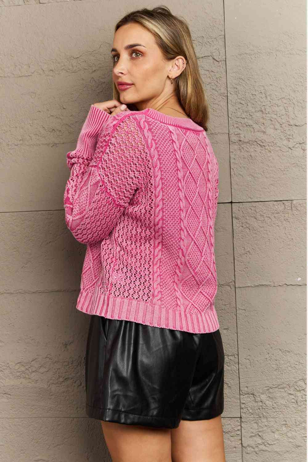 HEYSON Soft Focus Wash Cable Knit Cardigan in Fuchsia (M, L or 2x)