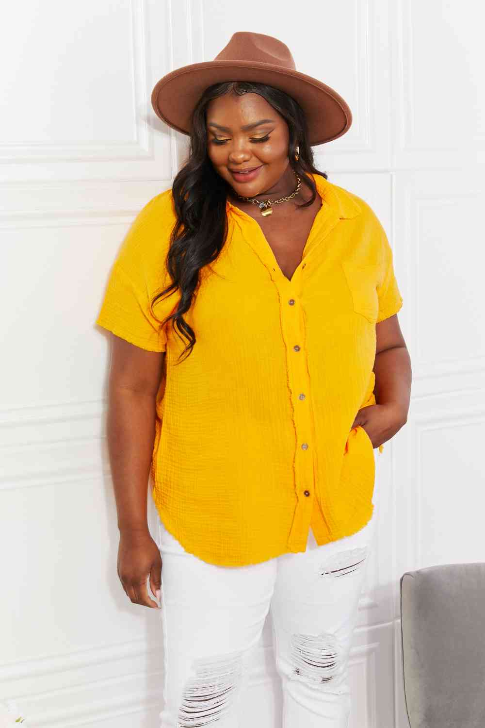 Zenana Full Size Summer Breeze Gauze Short Sleeve Shirt in Mustard (S, 1X or 3X)