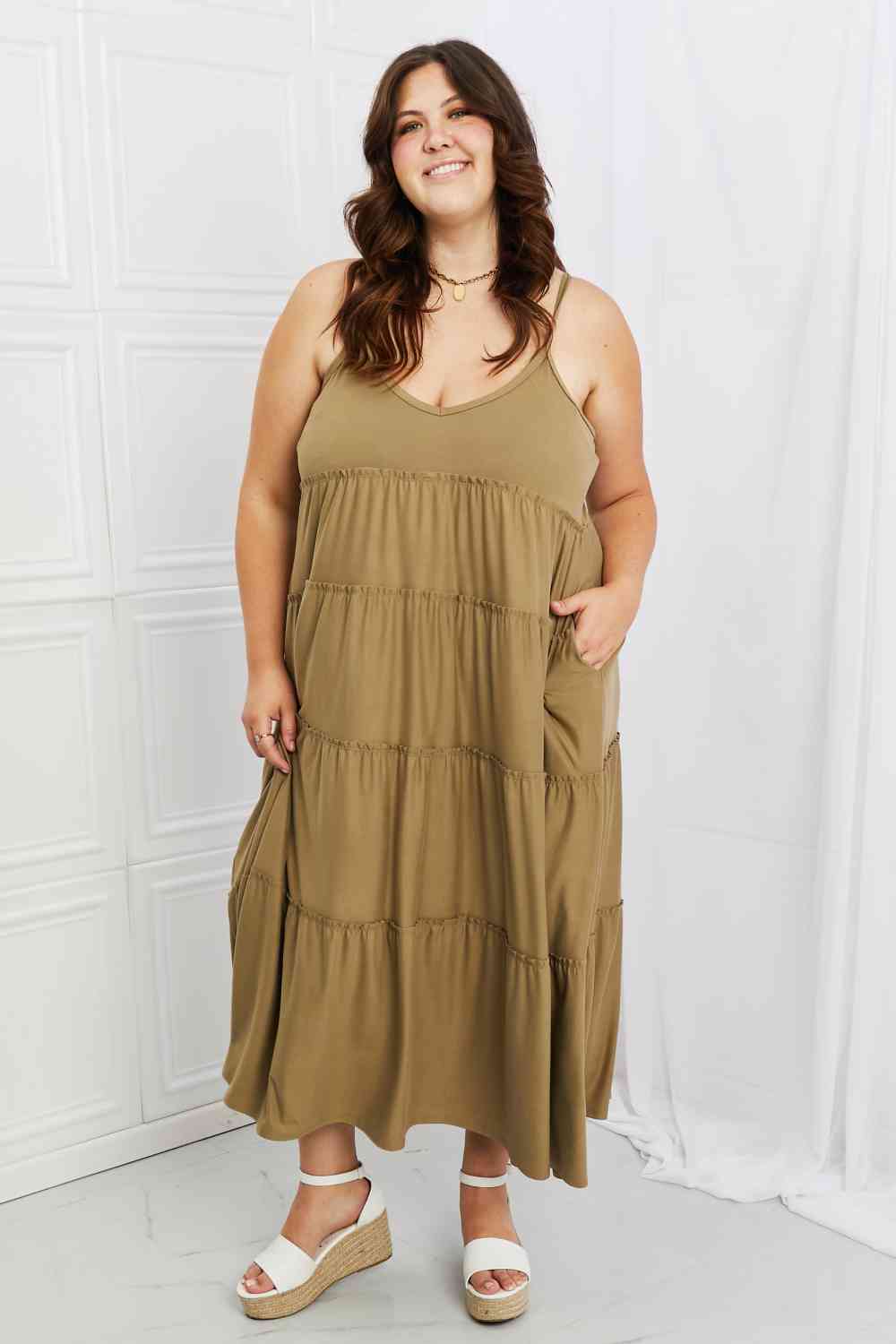 Zenana Full Size Spaghetti Strap Tiered Dress with Pockets in Khaki (S)