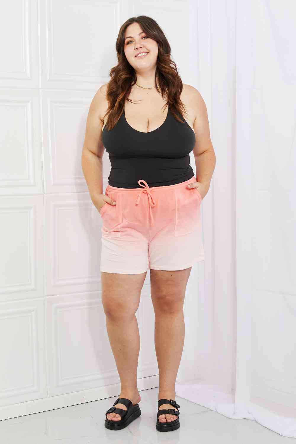 Zenana In The Zone Full Size Dip Dye High Waisted Shorts in Coral (XL, 1x  or 3x)