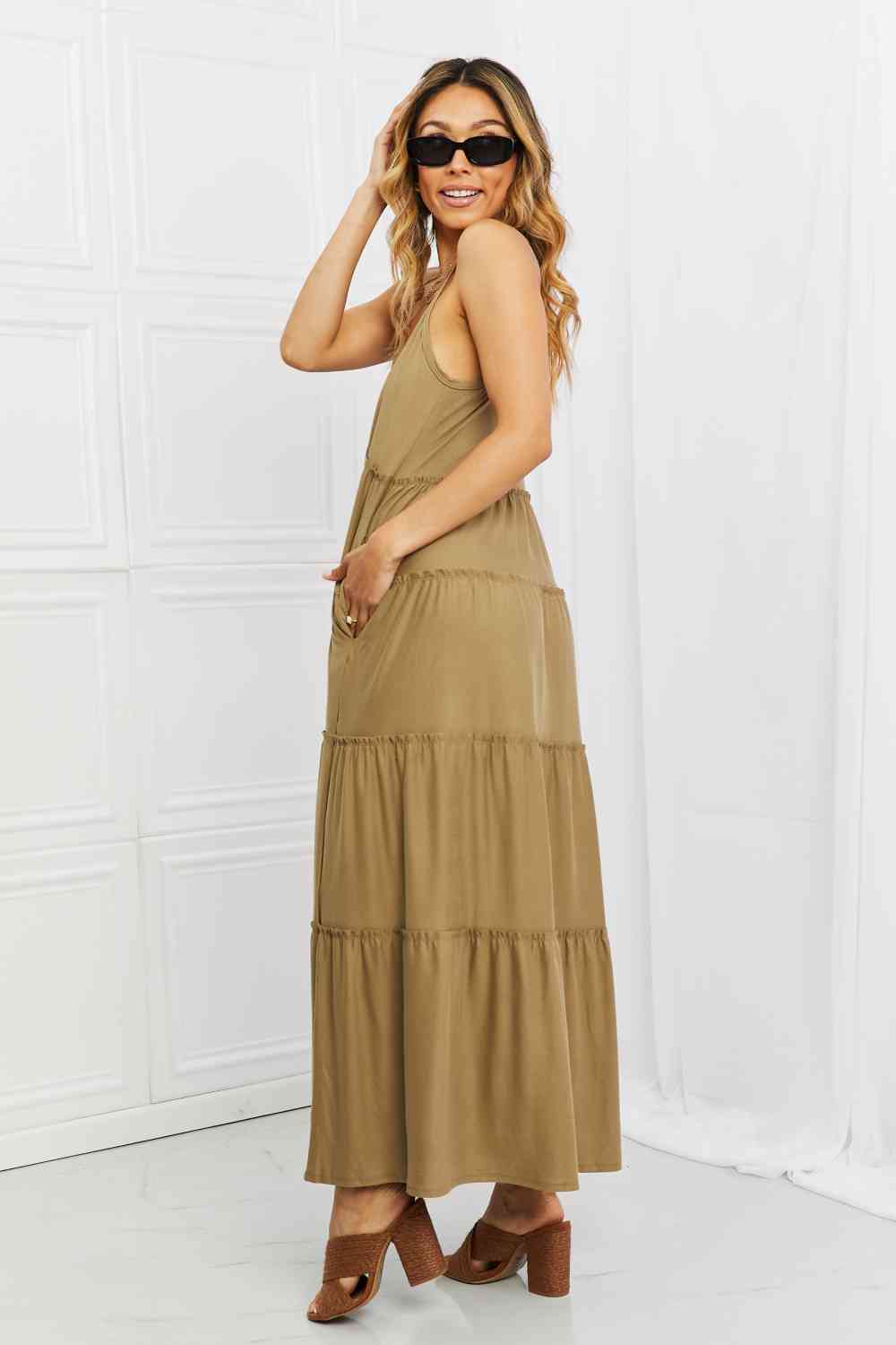 Zenana Full Size Spaghetti Strap Tiered Dress with Pockets in Khaki (S)