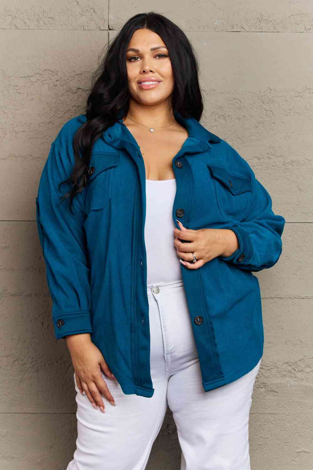 Zenana Cozy in the Cabin Fleece Elbow Patch Shacket in Teal (S or 1x)