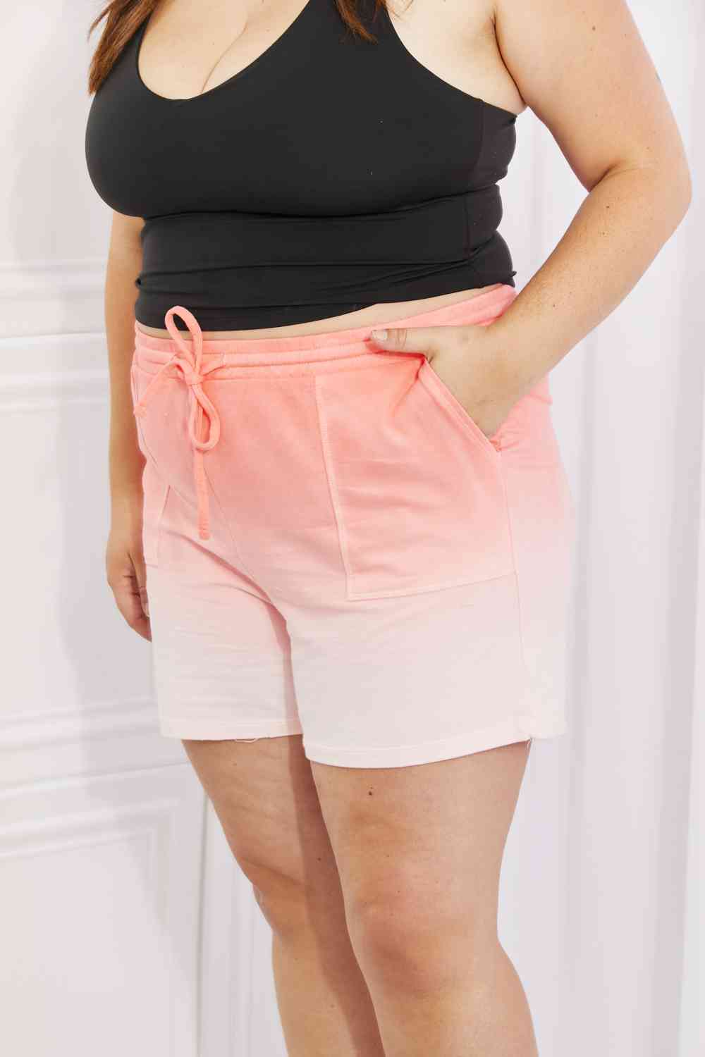 Zenana In The Zone Full Size Dip Dye High Waisted Shorts in Coral (XL, 1x  or 3x)