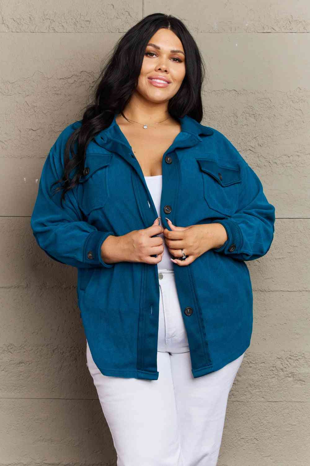 Zenana Cozy in the Cabin Fleece Elbow Patch Shacket in Teal (S or 1x)