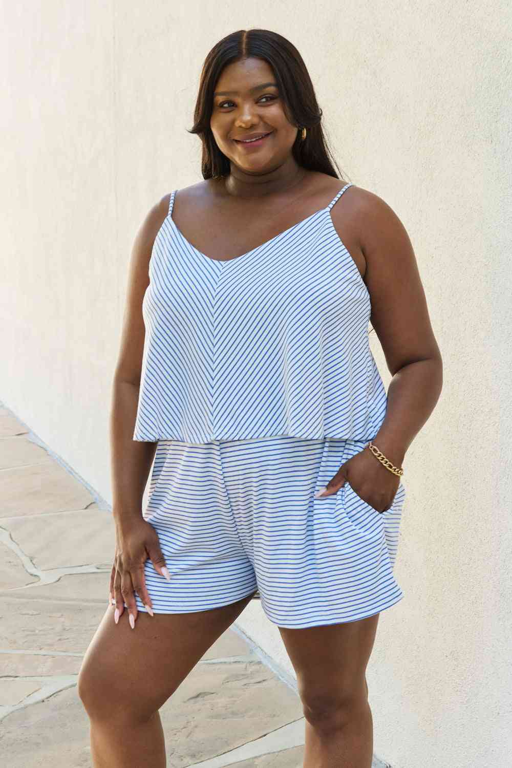 Culture Code Let It Happen Double Flare Striped Romper in Light Blue (S, M, L or 3x)