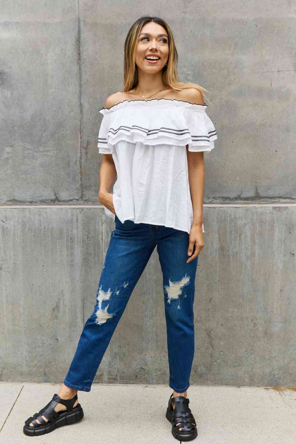 ODDI Full Size Off The Shoulder Ruffle Blouse (M or L)