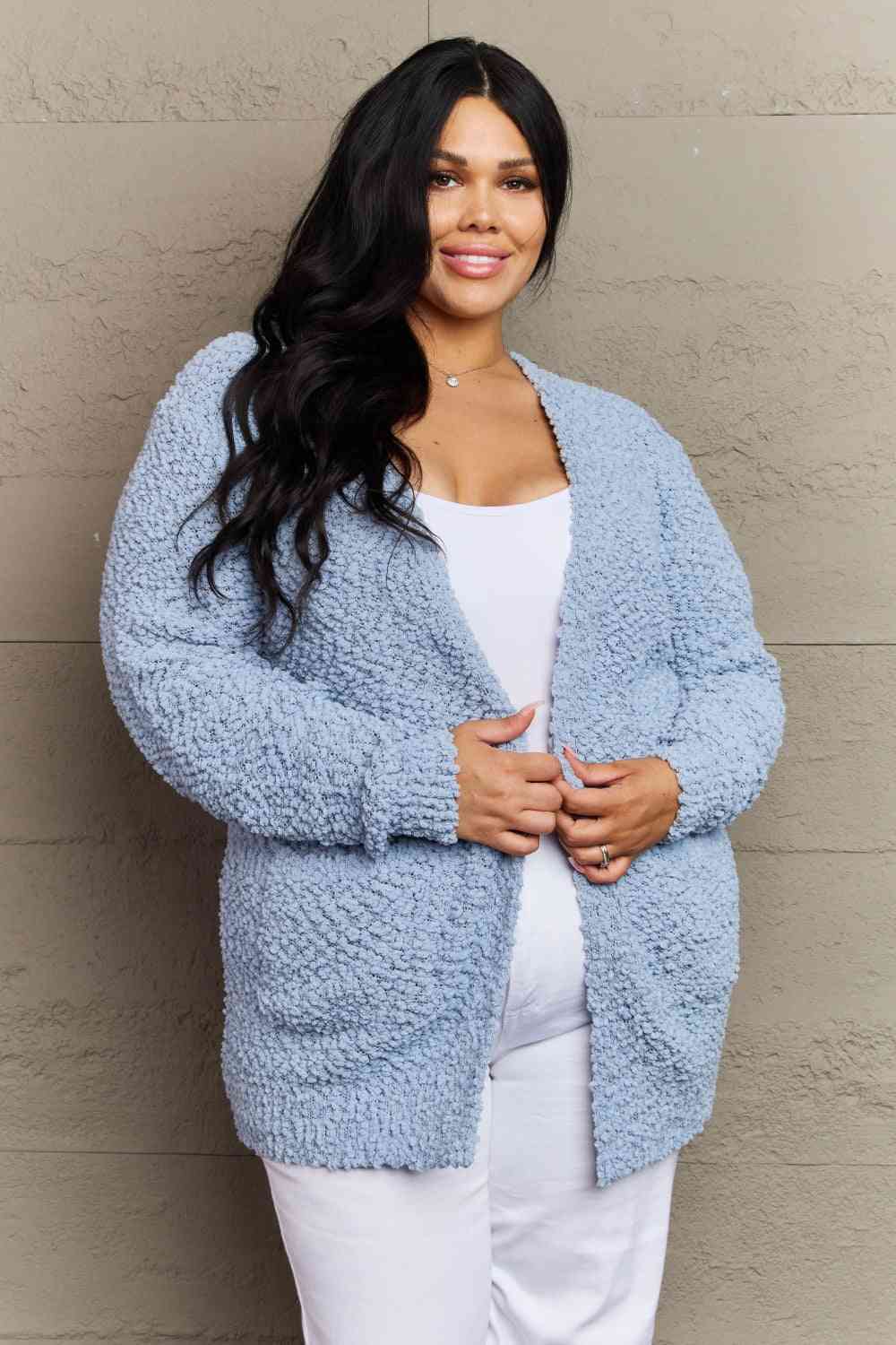 Zenana Falling For You Open Front Popcorn Cardigan (XL or 1X)