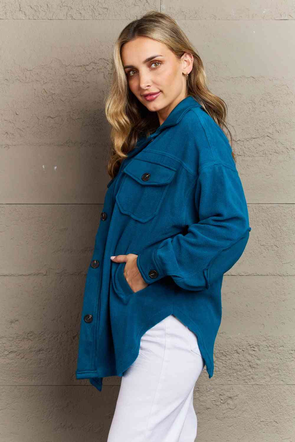 Zenana Cozy in the Cabin Fleece Elbow Patch Shacket in Teal (S or 1x)