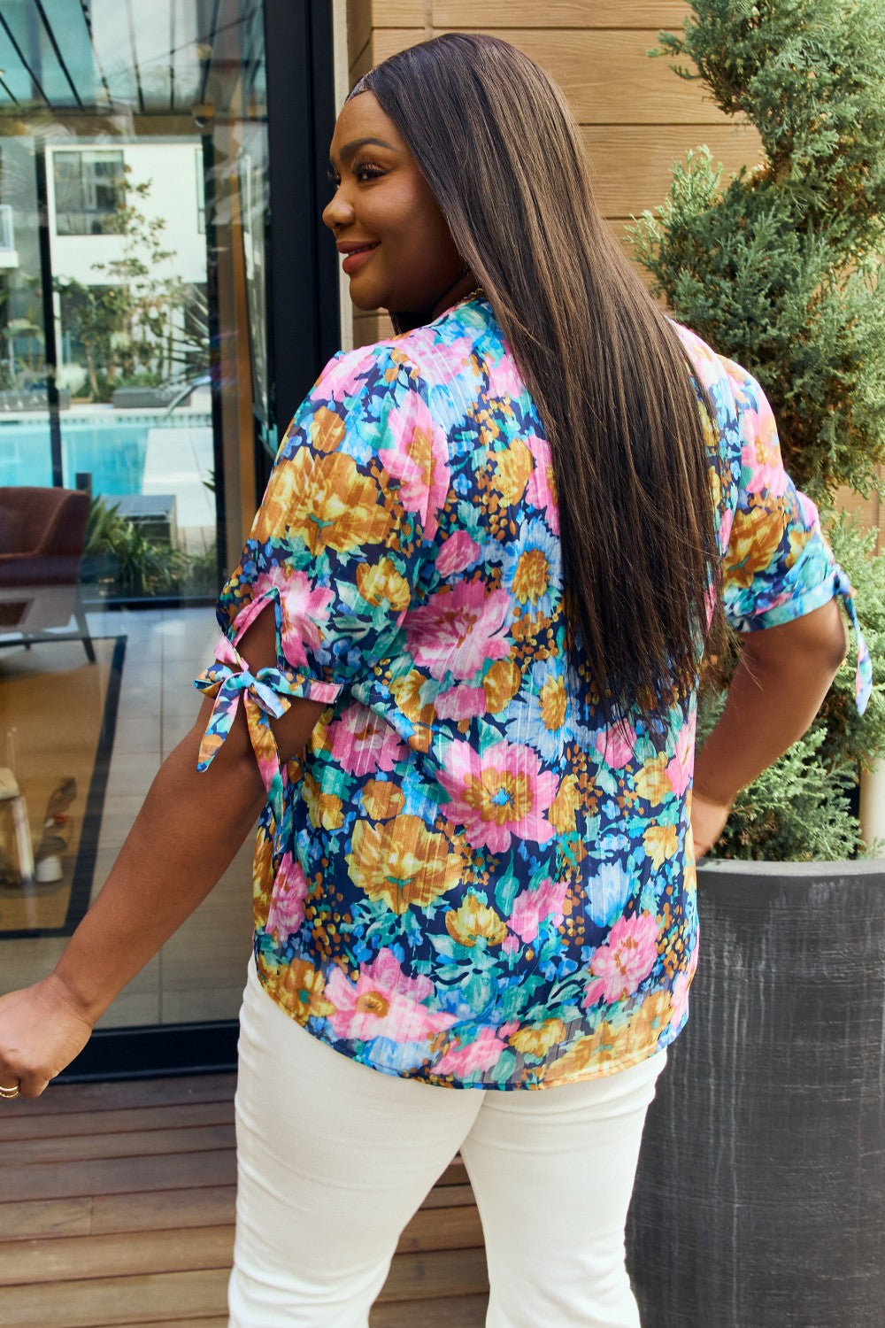 Petal Dew Full Size Floral V-Neck Tie Detail Blouse (S, M or 2x)