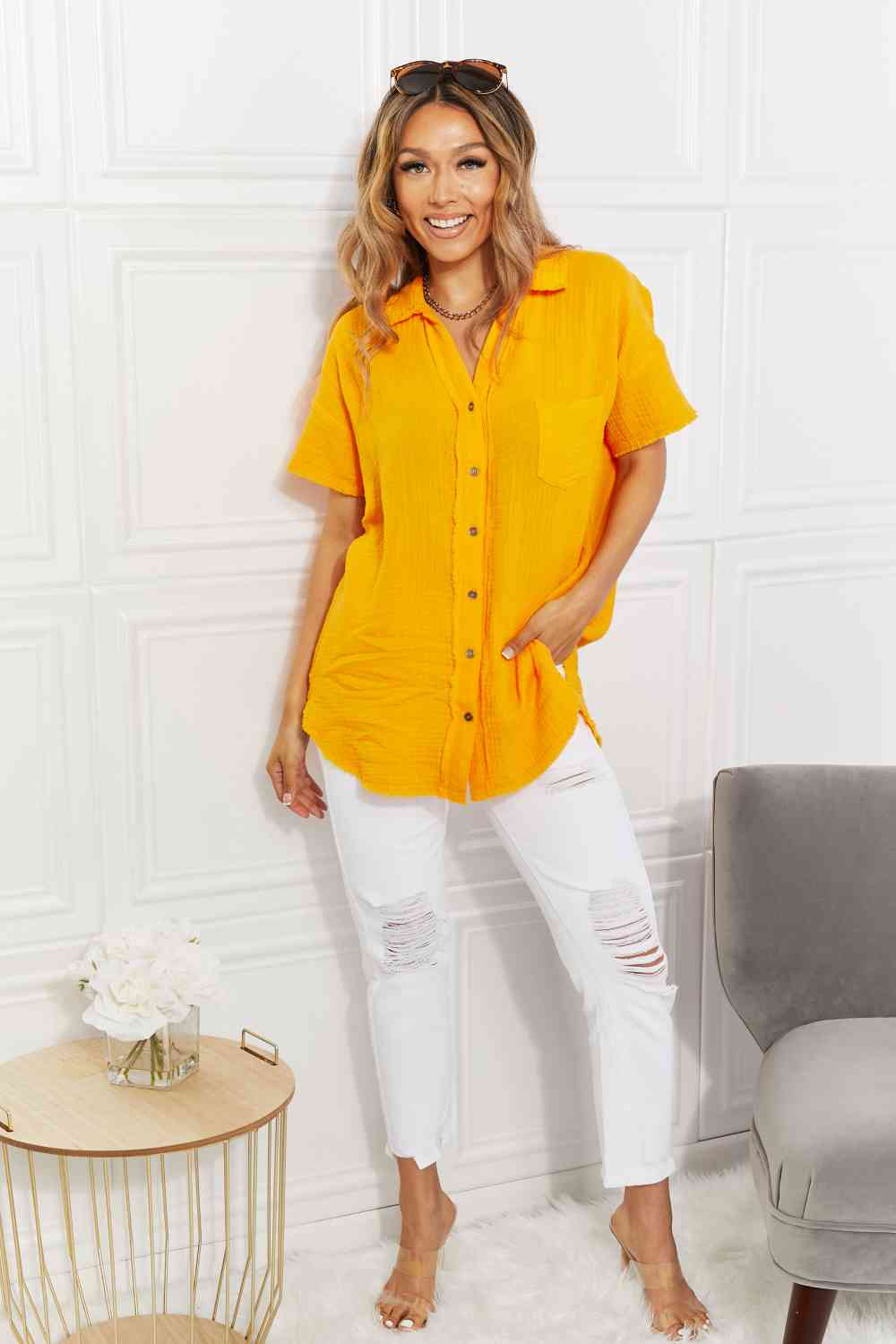 Zenana Full Size Summer Breeze Gauze Short Sleeve Shirt in Mustard (S, 1X or 3X)