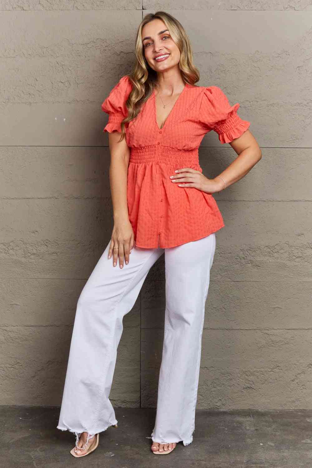 Culture Code Whimsical Wonders V-Neck Puff Sleeve Button Down Top (S-3x)