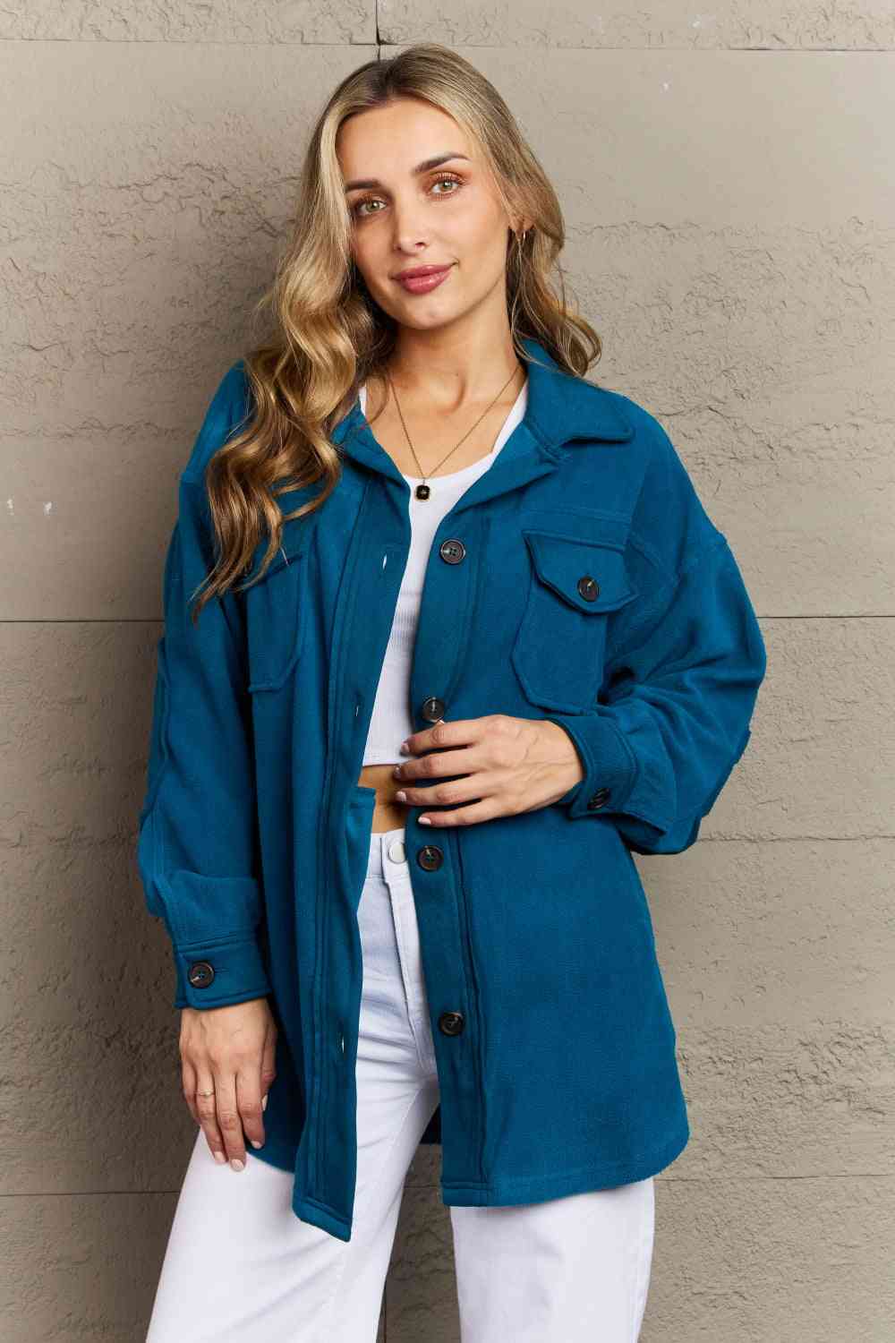 Zenana Cozy in the Cabin Fleece Elbow Patch Shacket in Teal (S or 1x)