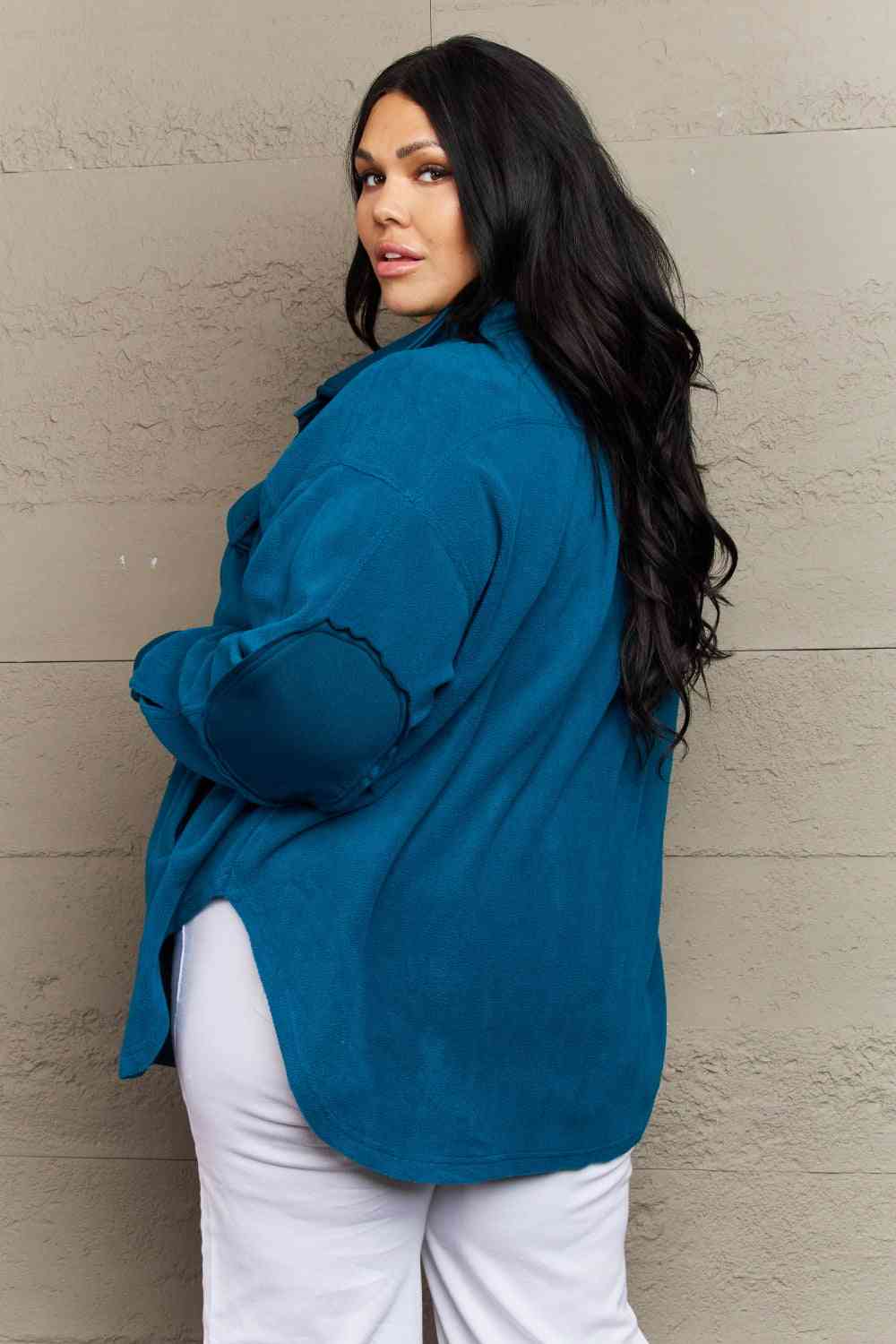 Zenana Cozy in the Cabin Fleece Elbow Patch Shacket in Teal (S or 1x)