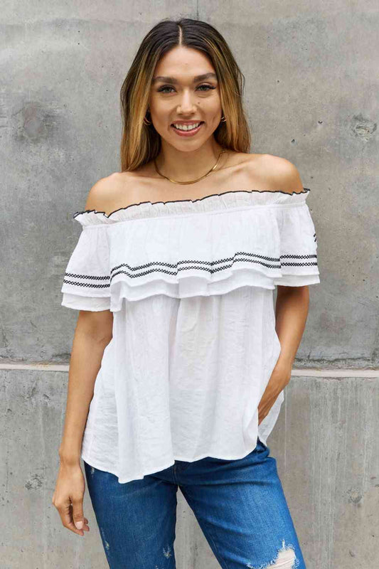 ODDI Full Size Off The Shoulder Ruffle Blouse (M or L)