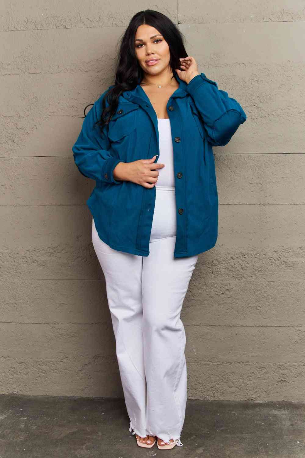 Zenana Cozy in the Cabin Fleece Elbow Patch Shacket in Teal (S or 1x)