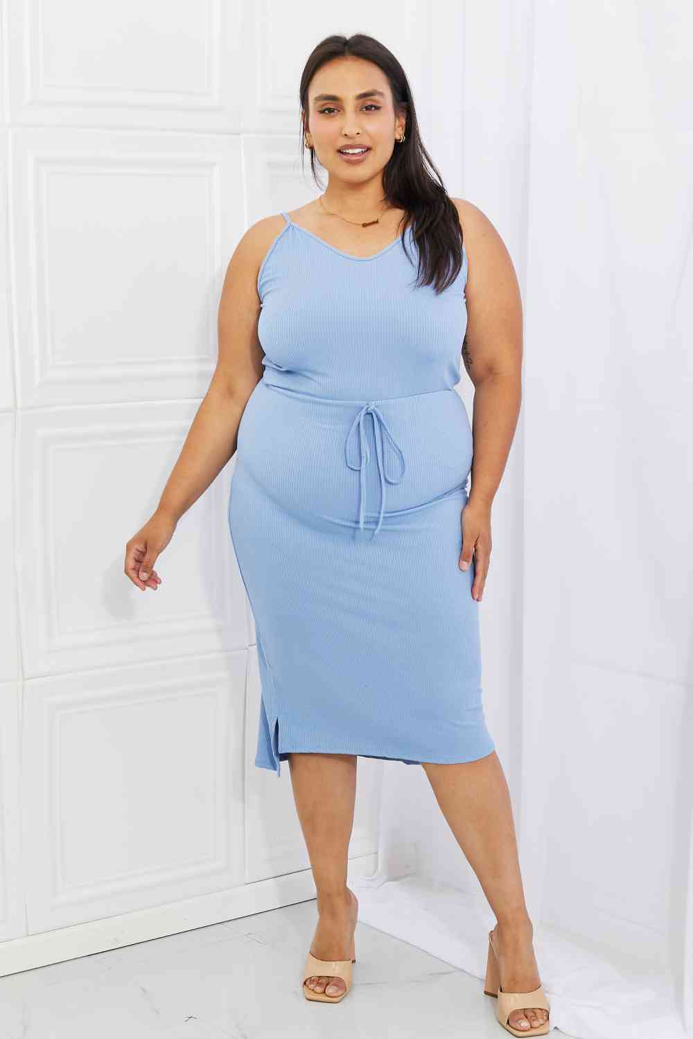 Capella Flatter Me Full Size Ribbed Front Tie Midi Dress in Pastel Blue (M, L, 1X, 2X or 3X)