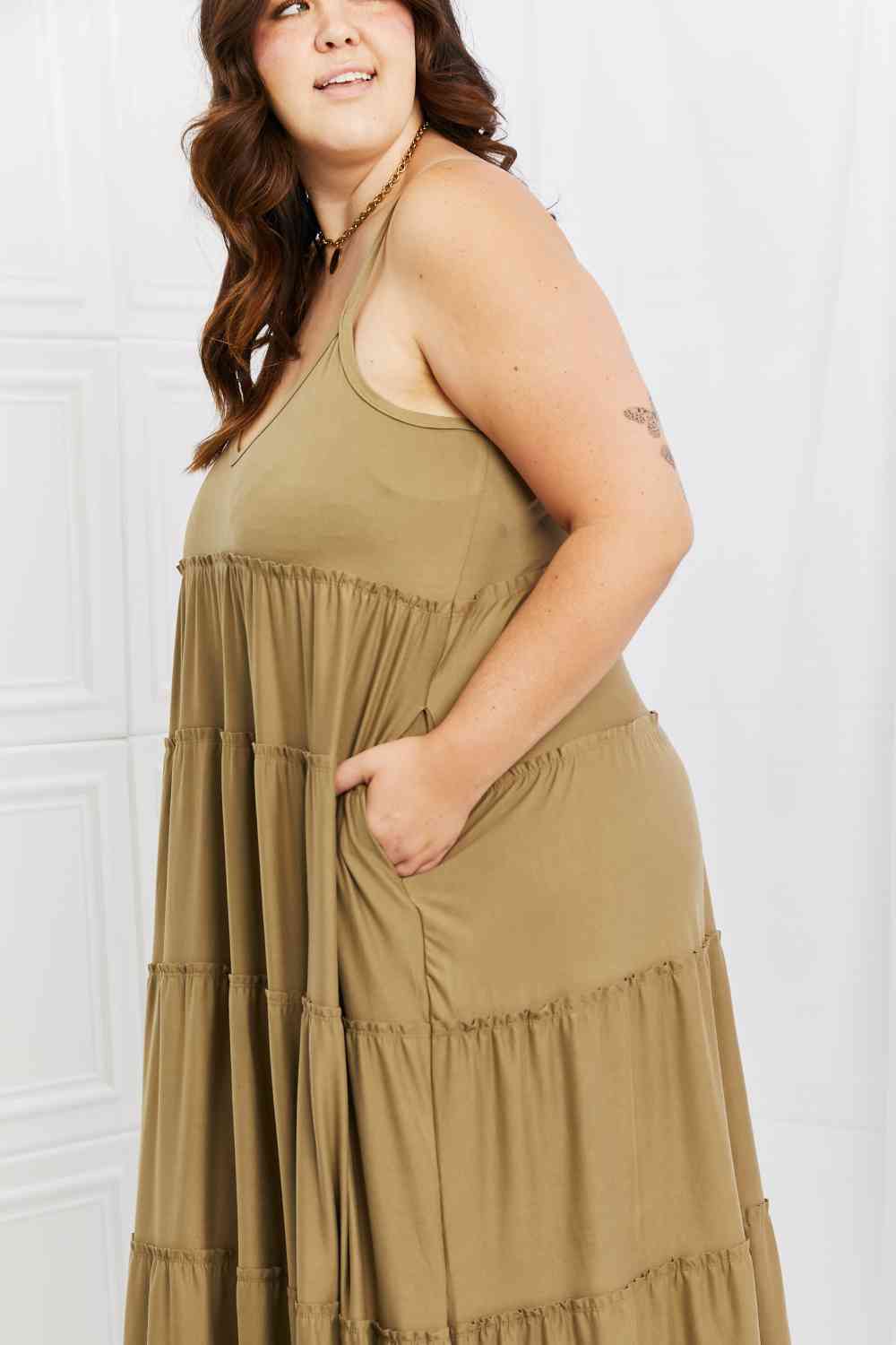 Zenana Full Size Spaghetti Strap Tiered Dress with Pockets in Khaki (S)