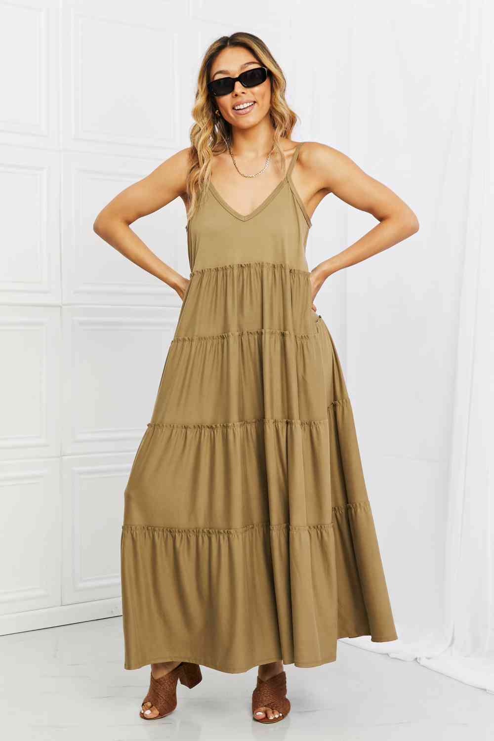 Zenana Full Size Spaghetti Strap Tiered Dress with Pockets in Khaki (S)