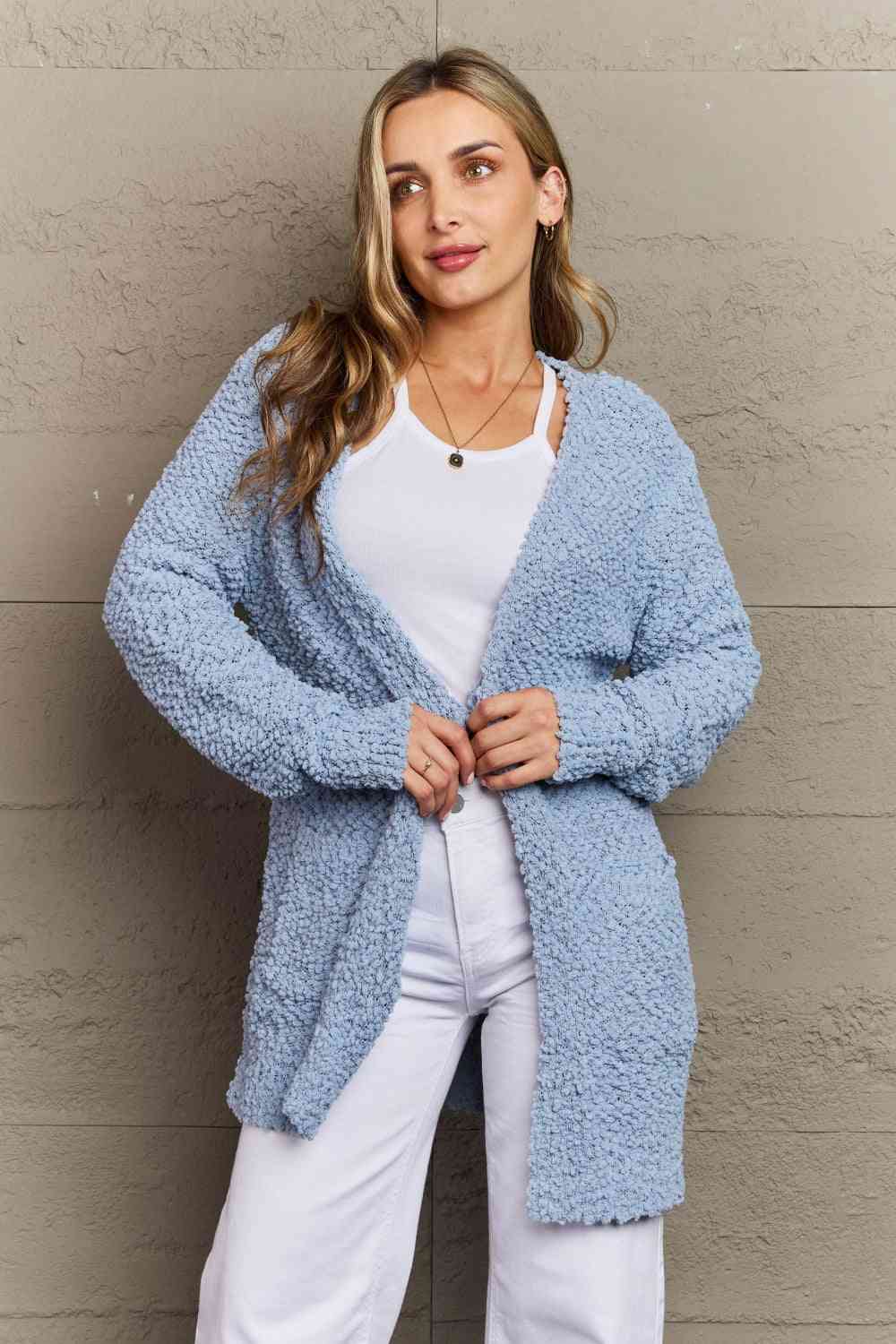 Zenana Falling For You Open Front Popcorn Cardigan (XL or 1X)