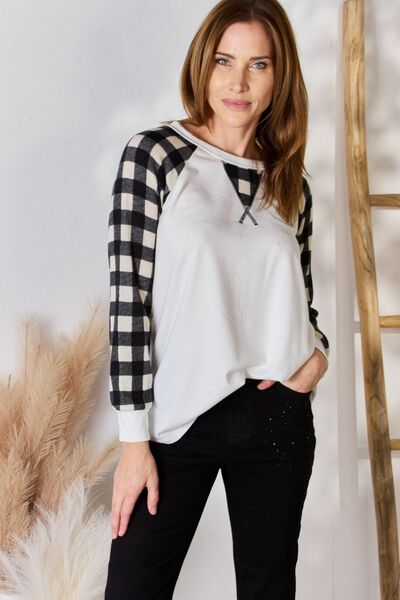 Hailey & Co Full Size Plaid Raglan Sleeve Round Neck Top