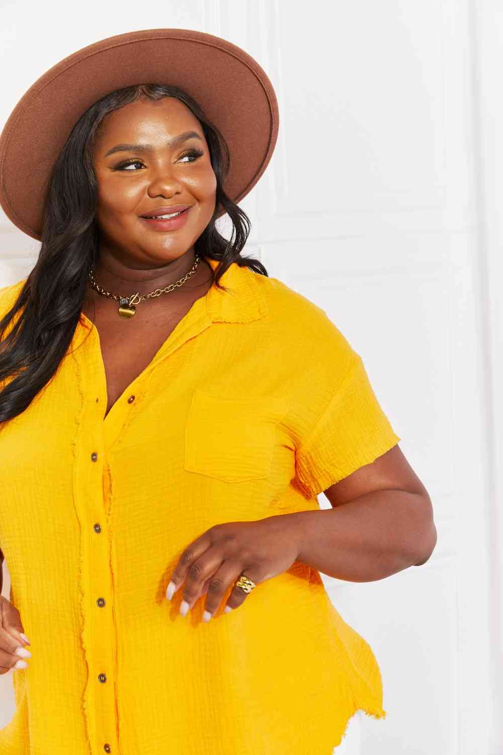 Zenana Full Size Summer Breeze Gauze Short Sleeve Shirt in Mustard (S, 1X or 3X)